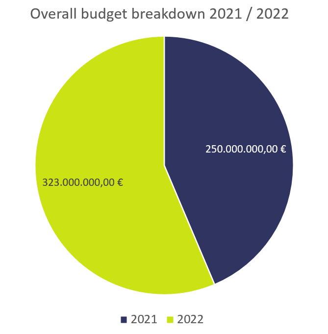 Figure 1: Overall budget for transport sector referred to Horizon Europe Pillar 2: Breakdown 2021/2022