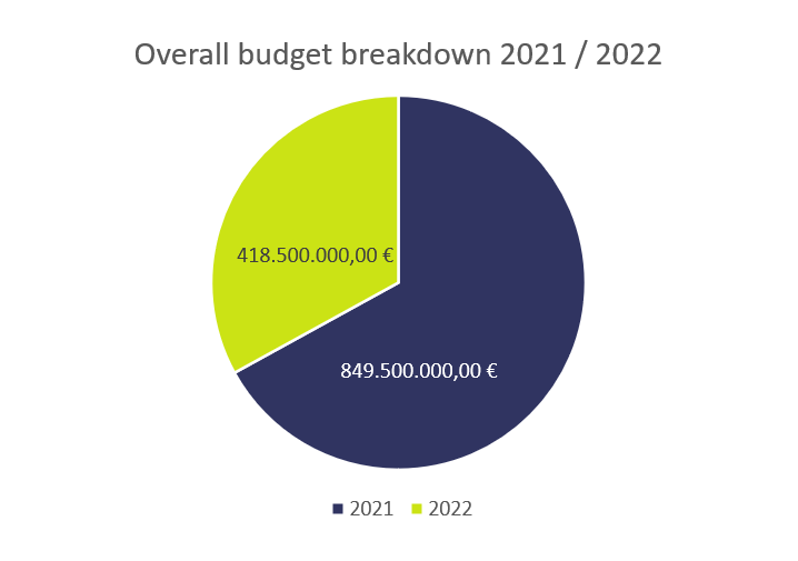 Figure 1: Overall budget for “Bioeconomy, Chemistry and Agrifood” sector referred to Horizon Europe Pillar 2: Breakdown 2021/2022